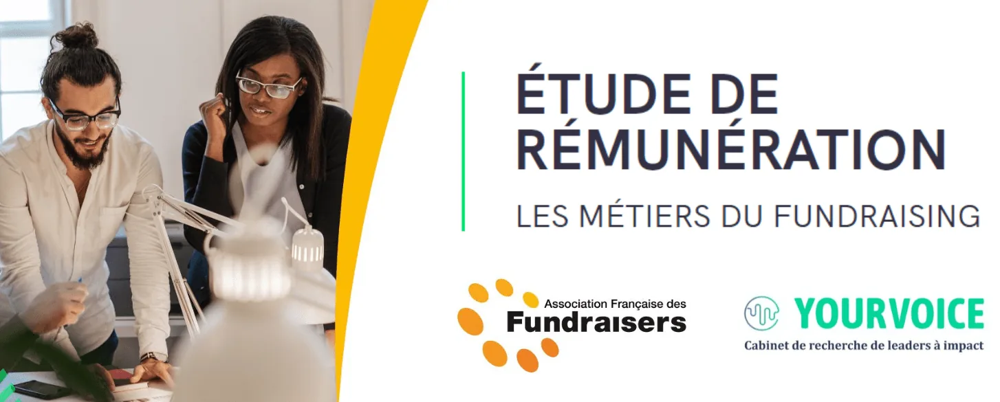 Visuel de l'étude de rémunération des métiers du fundraising : deux personnes en réunion, logos de l'Association Française des Fundraisers et de YourVoice.
