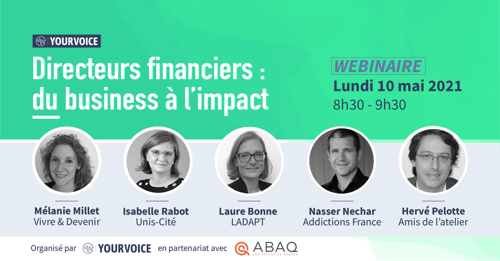 Affiche du webinaire « Directeurs financiers : du business à l'impact » du 10 mai 2021, avec les portraits des cinq intervenants.