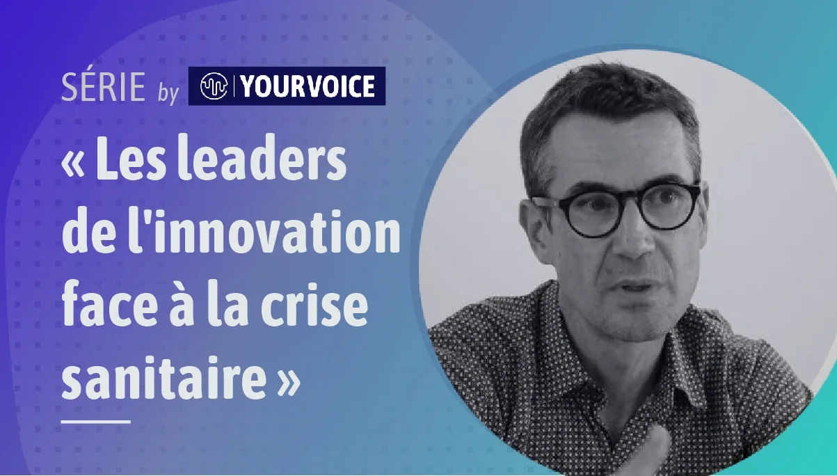 Bandeau « Les leaders de l'innovation face à la crise sanitaire » avec le portrait en noir et blanc de Dominique Pon.