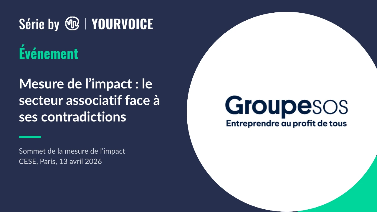 Carte de la série YourVoice : « Mesure de l'impact : le secteur associatif face à ses contradictions », Sommet de la mesure de l'impact au CESE à Paris le 13 avril 2026, avec le logo du Groupe SOS.