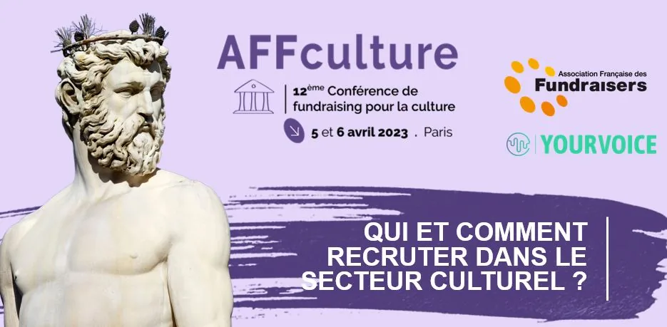 Affiche d'AFFculture, 12e conférence de fundraising pour la culture des 5 et 6 avril 2023, illustrée d'un buste antique.