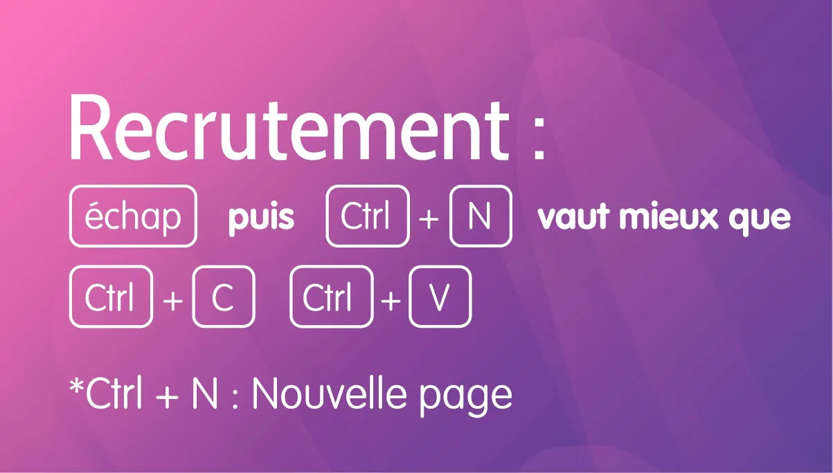 Visuel typographique comparant les raccourcis clavier « échap puis Ctrl+N » et « Ctrl+C Ctrl+V », sur dégradé rose et violet.