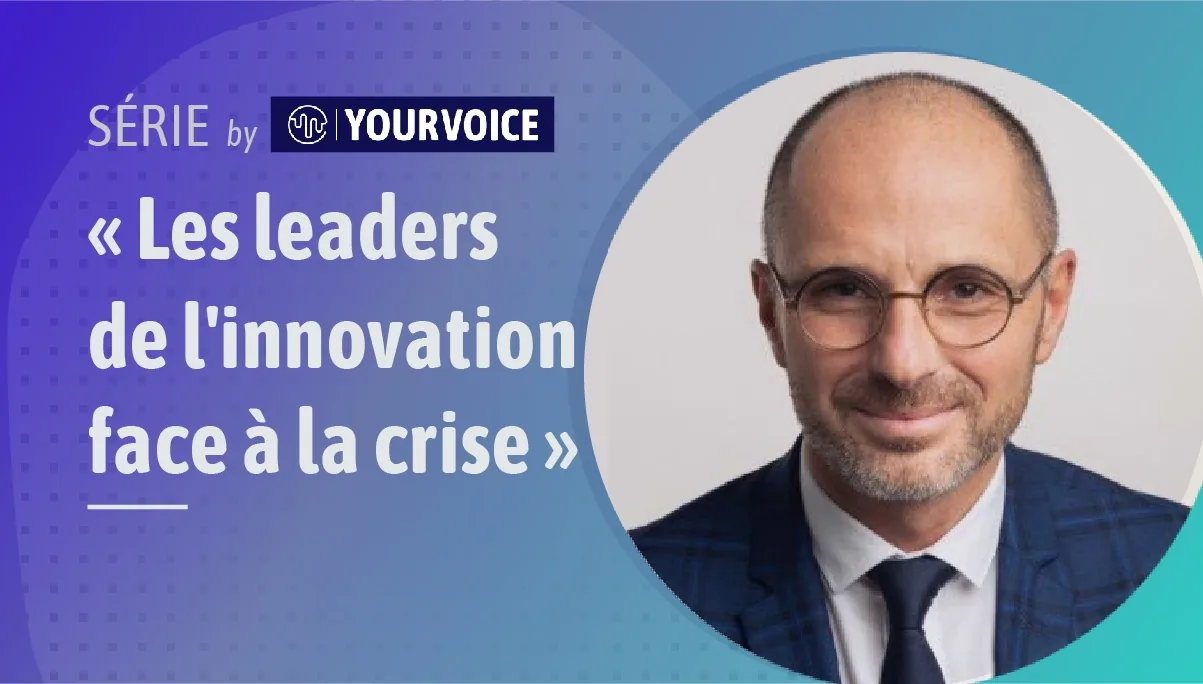 Bandeau « Les leaders de l'innovation face à la crise » avec le portrait de Denis Le Squer, président de la Fondation pour la Recherche Médicale.
